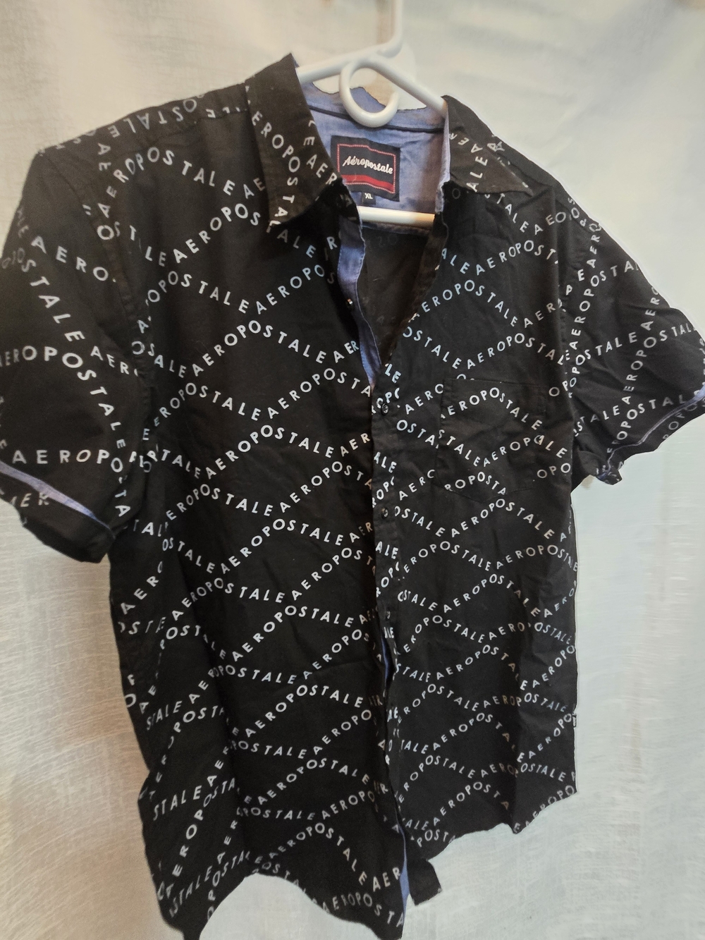 Aeropostale Black Short Sleeve Button-Down with White Logo Print